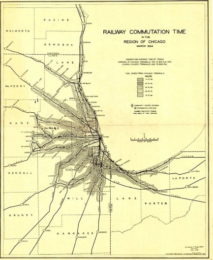 Região de Chicago, EUA. Mapa de 1934. Exemplo de território desenvolvido ao redor das linhas férreas