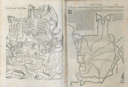 Cidade de Sermoneta. Campagna di Roma — projeto de Girolamo Maggi, descrito no livro Della fortificazione de la città, 1567. À direita, esquema dos caminhos da cidade. À esquerda, a cidade representada com seus elementos construtivos, muralhas e ca
