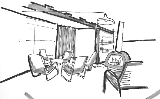 La gran puerta pivotante que conecta exterior y interior al fondo y algunos muebles también dibujados por Prouvé como sillas y lámpara