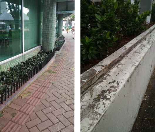 À esquerda, estrutura metálica em jardim; ferro pontiagudo instalado em canteiros, Maringá PR