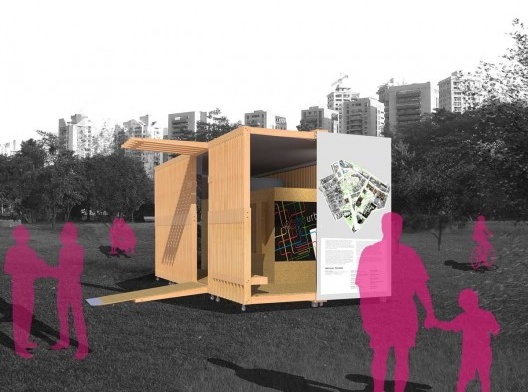 Projeto de quiosque para parques públicos de São Paulo, vista externa , Beni Goltsman Barzellai, Guilherme de Barcellos Lozinsky, Mariana Magalhães Costa e Patricia Tinoco. 1º. prêmio categoria estudantes, 2009.