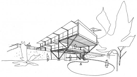 Residência Christiana Brenner, anteprojeto, perspectiva da área de lazer, Brasília DF, 2003. Arquiteto João Filgueiras Lima