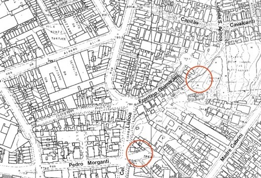 Destaques: interior da quadra entre ruas Frontino Guimarães e Madre Cabrini, e “adro” na Pedro Morganti