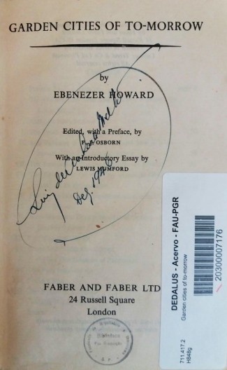 Frontispício da edição de Ebenezer Howard, Garden Cities of To-morrow, que integra a biblioteca pessoal do engenheiro-arquiteto e professor Luiz de Anhaia Mello
