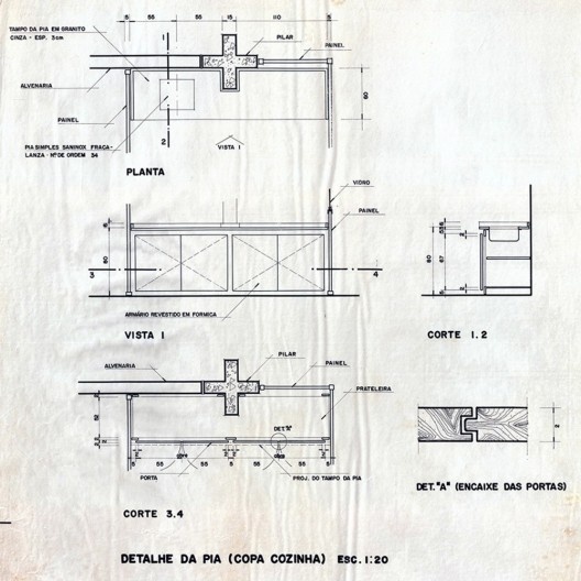 Instituto Brasileiro de Desenvolvimento Florestal/ Instituto Brasileiro do Meio Ambiente e dos Recursos Naturais Renováveis, Goiânia Goiás Brasil, prancha D20/20: detalhe da pia (copa cozinha). Arquiteto Fernando Rabelo