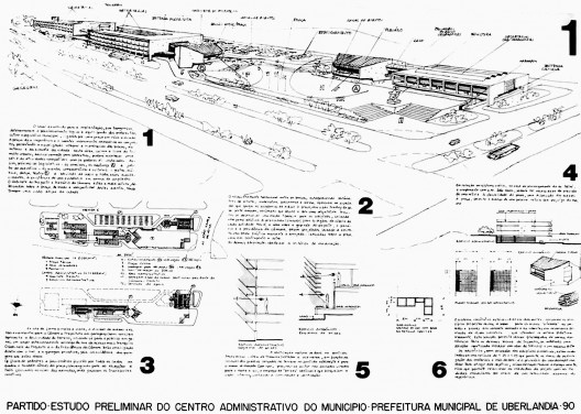 Centro Administrativo de Uberlândia, prancha apresentada no concurso, Uberlândia MG Brasil, 1993. Arquitetos Acácio Gil Borsoi, Janete Costa, Milton Leite Ribeiro, Marco Antônio Borsoi e Rosa Maria Chagas Aroucha / Milton Leite Arquitetos