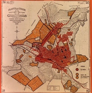 Figura 01 - Mapa de Campinas com loteamentos até 1900 e de 1925 até 1929 - desenho do Arquiteto Ricardo de Souza Campos Badaró sobre base de 1929 elaborada para servir aos estudos urbanísticos do Plano de Melhoramentos Urbanos de Campinas