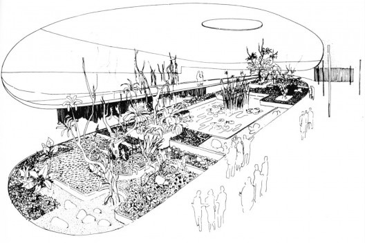 Croqui do jardim interno Pavilhão do Brasil na Exposição Universal e Internacional de Bruxelas, 1958. Paisagismo de Roberto Burle Marx