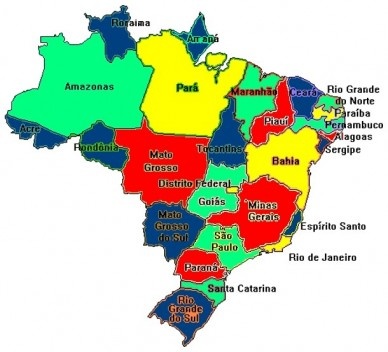 O mapa apresenta a relação constante de conexão espacial expressa pela Lei das Cinco Cores, da Topologia. Ao pintá-lo utilizando quatro cores, é possível observar que de cada cinco partes (estados) conectados, dois não se tocam.
