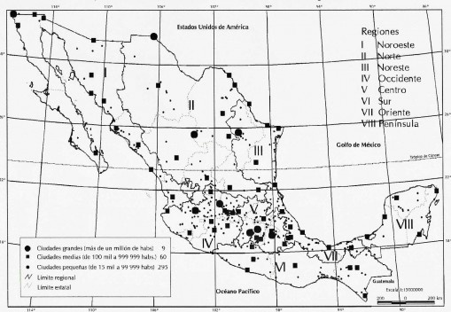 Distribución territorial de las ciudades según su tamaño, 2000