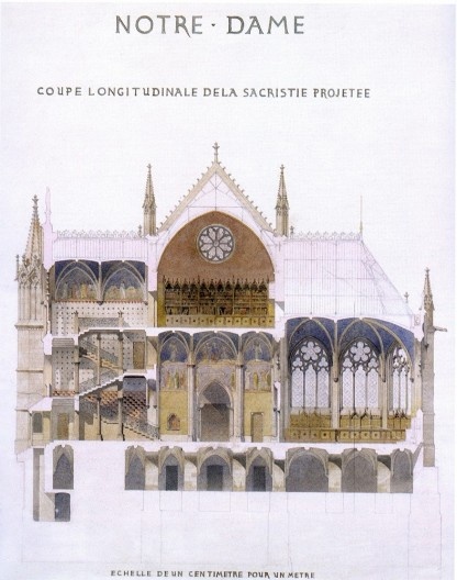 Viollet-leDuc e Lassus, projeto para a Sacristia de Notre-Dame de Paris, corte longitudinal, desenho em aquarela de 1843