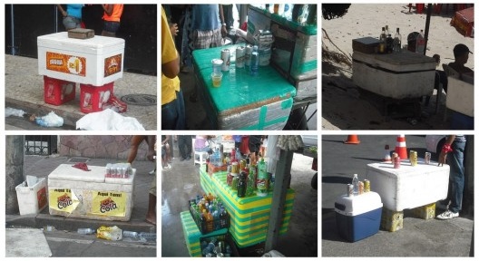 Fig. 1 – Caixa de poliestireno expandido (o vulgar “isopor”) em suas várias modalidades, ilustrando os tópicos explicados, em vários lugares e ocasiões de Salvador, em 2013: paradas de ônibus, praia e Carnaval.