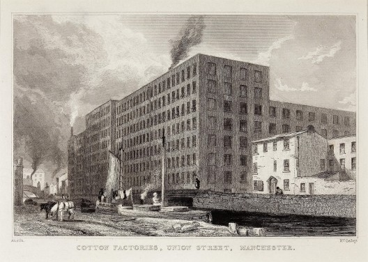 Indústria têxtil em Manchester, gravura de 1835