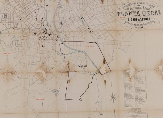O limite atual do distrito do Cambuci (GeoSampa) sobre a Planta Geral da Cidade de São Paulo de 1894, que ilustra a transformação do curso do Tamanduateí em canal