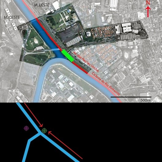 Mapa da microacessibilidade por bicicleta e digrama. Existência positiva da Ciclovia do Rio Pinheiros situada entre o rio e a Av. das Nações Unidas, tendo a estação como um possível acesso à ciclovia