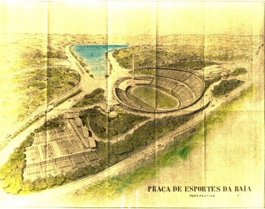 Perspectiva do projeto original para a Praça de Esportes da Bahia, futuro Complexo Esportivo da Fonte Nova, arquiteto Diógenes Rebouças