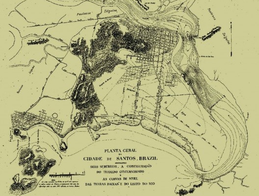 Planta geral da cidade de Santos, seus subúrbios, a configuração do terreno circunvizinho e curvas de nível das terras baixas do leito do rio
