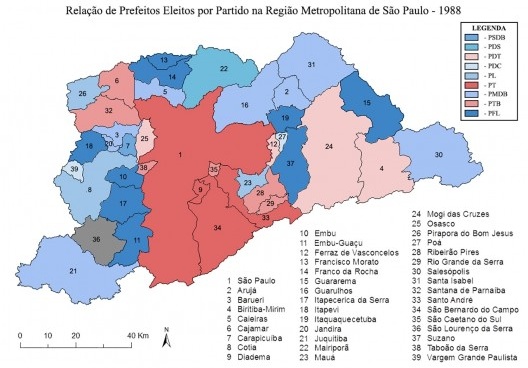 Relação dos prefeitos eleitos por partido na Região Metropolitana de São Paulo em 1988