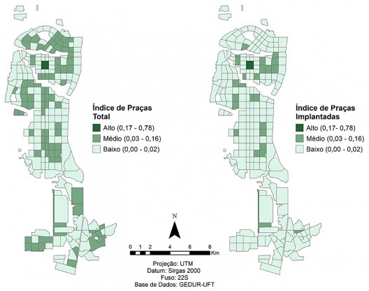 À esquerda, índice total de praças (implantadas e previstas) de Palmas por bairro. À direita, índice de praças implantadas por bairro
