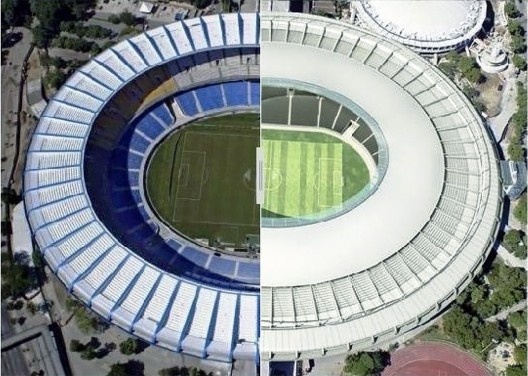 Maracanã antes e depois da reforma em simulação de setembro 2010. Vista aérea