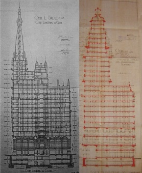 Esquerda: corte da Passagem Barolo (1919-1923), Buenos Aires. Direita: corte do Palácio Salvo (1922-1928), Montevidéu. Cinque anni di lavoro. Milano, Casa Editrice d’arte Bestetti & Tumminelli, 1925 / Centro de Documentación - Instituto de Historia de la