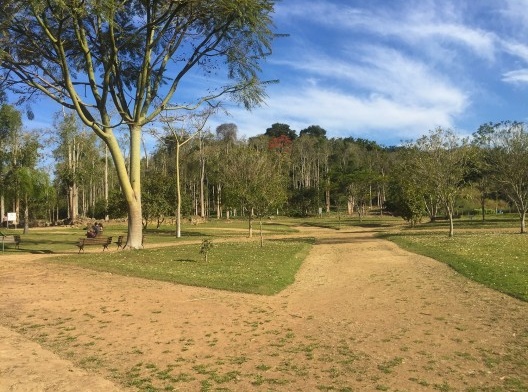 Traçado original da praça mantido através do trabalho de paisagismo, manutenção da forma dos canteiros e disposição dos bancos