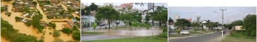 Da esquerda para a direita: área alagada; parte da área do projeto durante última enchente; mesma área em período de estiagem