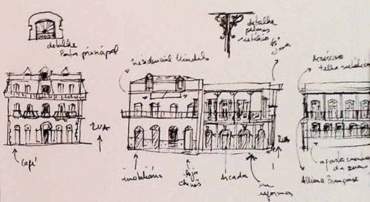 Mindelo, fachadas da Rua dos Libertadores de África, representadas em croqui realizado in loco