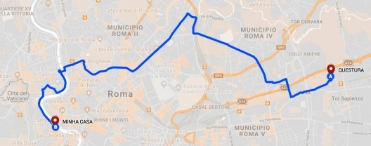 Mapa do trajeto percorrido da casa do autor na capital italiana à Divisão de Estrangeiros da Polícia de Roma, no Prelúdio