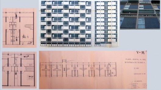 Planta baixa do primeiro pavimento dos apartamentos dúplex do bloco A, com fachada principal e detalhes da solução em planta dos dois níveis. A autoria do projeto é do Grupo LIGS / Lopez Iñigo, Giráldez e Subías