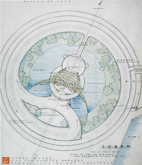 Planta do nível de entrada da Ópera de Bagdá com a projeção de seus arcos, no eixo da Esplanada do Rei Faisal