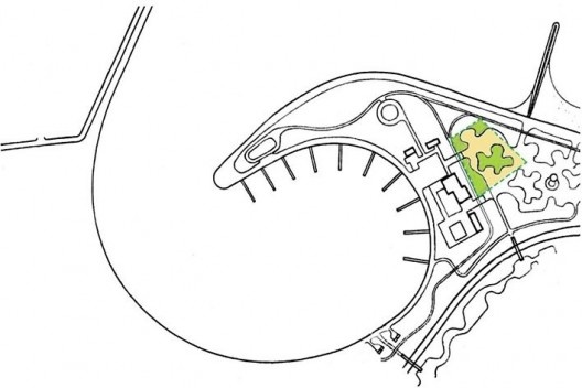 Área de piquenique (jardins, largos e caminhos de saibro), destaque em cores da representação esquemática do horto provisório, final dos anos 1960