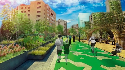 Projeto de criação do Parque Minhocão, canteiros ao lado e ciclovia no centro