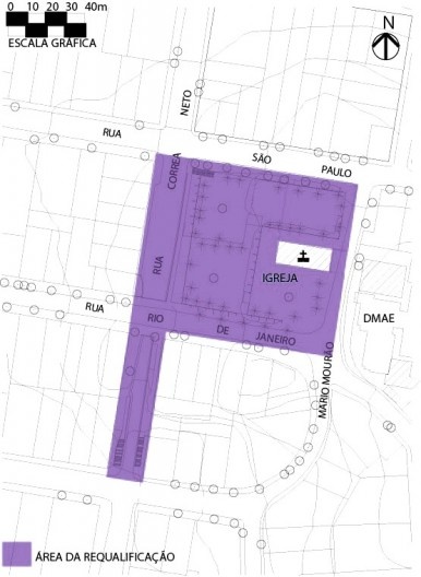 1. Igreja São Benedito, 2. Praça, 3. Entorno que deverá ser revitalizado