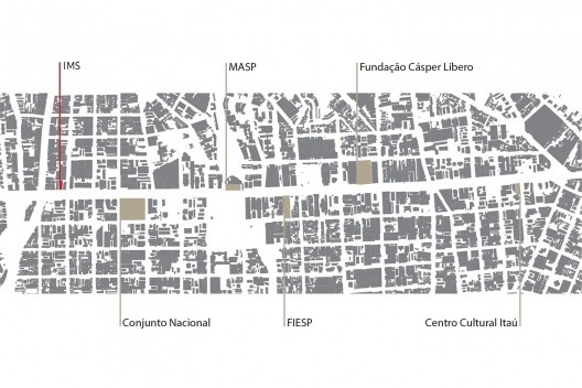 Sede do Instituto Moreira Salles, diagrama da localização dos edifícios icônicos da Avenida Paulista, São Paulo. Arquitetos Vinicius Andrade e Marcelo Morettin