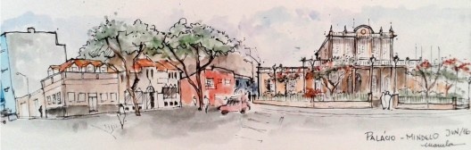 Mindelo, Palácio do Povo e sua praça, representados em croqui realizado in loco