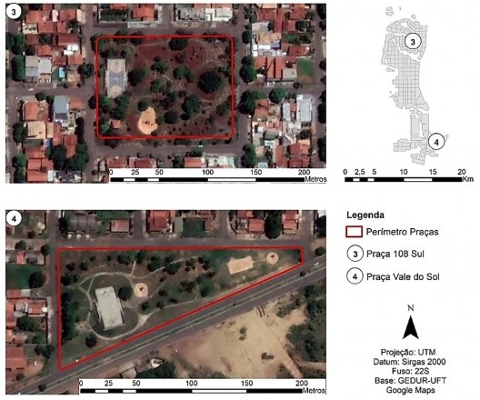 Comparativo de praças em Palmas Centro (108 Sul) e Palmas Sul (Vale do Sol)