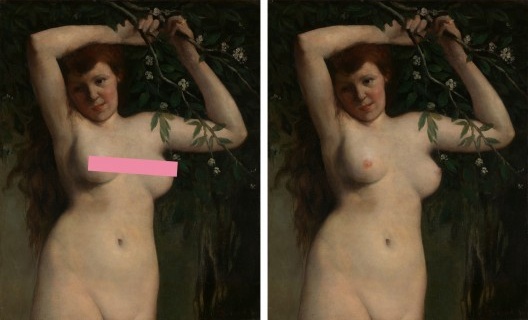 Nu com ramos florestais, 1863, pintura de Gustave Courbet. Versões censurada para o facebook e original