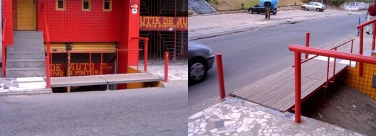 Fig. 15 – Passarela na Boca do Rio, Salvador, 2006. Para ter a rampa e aceder á oficina mecânica, o proprietário concebeu uma passarela com duas partes levadiças que permanece habitualmente fechada, abrindo-se pontualmente quando o automóvel entra.
