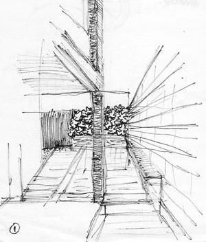 Croqui (estudo preparatório) para residência. O desenho é rápido e produzido sem hora marcada: um bloco de notas é suficiente para iniciar a materialização da idéia