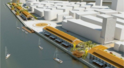 Estudo volumétrico para a requalificação dos armazéns e espaço urbano da área de intervenção do Porto Novo do Recife. No lado direito inferior vê-se a proposta para o Armazém 10