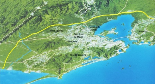 Mapa 01 – Arco Metropolitano, estrada que passa a norte ao largo dos tecidos urbanos da cidade metropolitana do Rio de Janeiro, é apresentado pelo Governo do Estado como “oportunidade” para a implantação de novas indústrias e núcleos residenciais