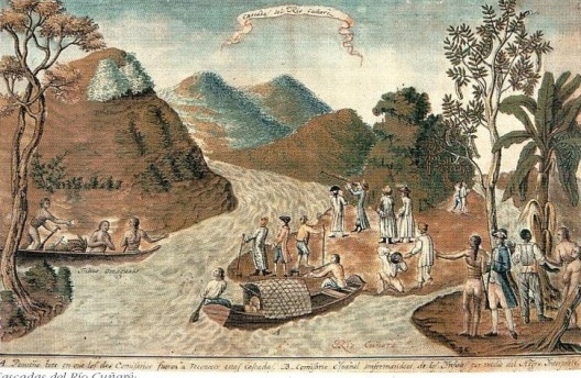 Cascadas del rio Cuñaré. Pequeño bote en que lós dos comisarios fueron a reconocer estas cascadas. B. Comisario español informándose de los infideles por medio del negro interprete