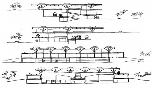 Rodoviária de Jaú, cortes, 1973-1974. Arquitetos Vilanova Artigas e Carlos Cascaldi
