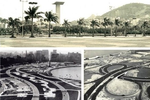 Canteiro de jardim em ondas do MAM com o Monumento aos Pracinhas ao fundo, 1968-69 / Jardins com destaque para o canteiro conhecido como ‘minhocão’ na década de 1960 / Trevo dos Estudantes em 1967, em fase final de construção