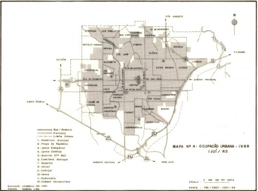 Destaque em vermelho da área em estudo no mapa da ocupação urbana de Ijuí de 1988