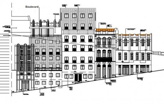Fachada do projeto, com possibilidade de aprovação pelo Iphan, da rua do Taboão (de baixo). Assinalada a área do Boulevard