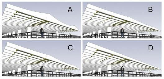 Compilação dos “desenhos possíveis” da viga. A-Viga construída; B-Viga C1 análise da viga construída; C-Viga C2 pilares ajustados para equilíbrio dos momentos fletores positivo e negativo; D-Viga reta