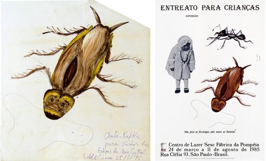 Com dedicatória “para Victor das Estepes da Asia Central”, aquarela com barata de Lina Bo Bardi para o cartaz da exposição Entreato para crianças, 25 de março de 1985; cartaz Entreato para crianças, design Lina Bo Bardi e Victor Nosek, 1985