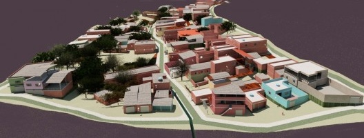 Recorte urbano de 20 hectares. Maquete física. Na extremidade direita da imagem, representação da EMEI Chácara Sonho Azul